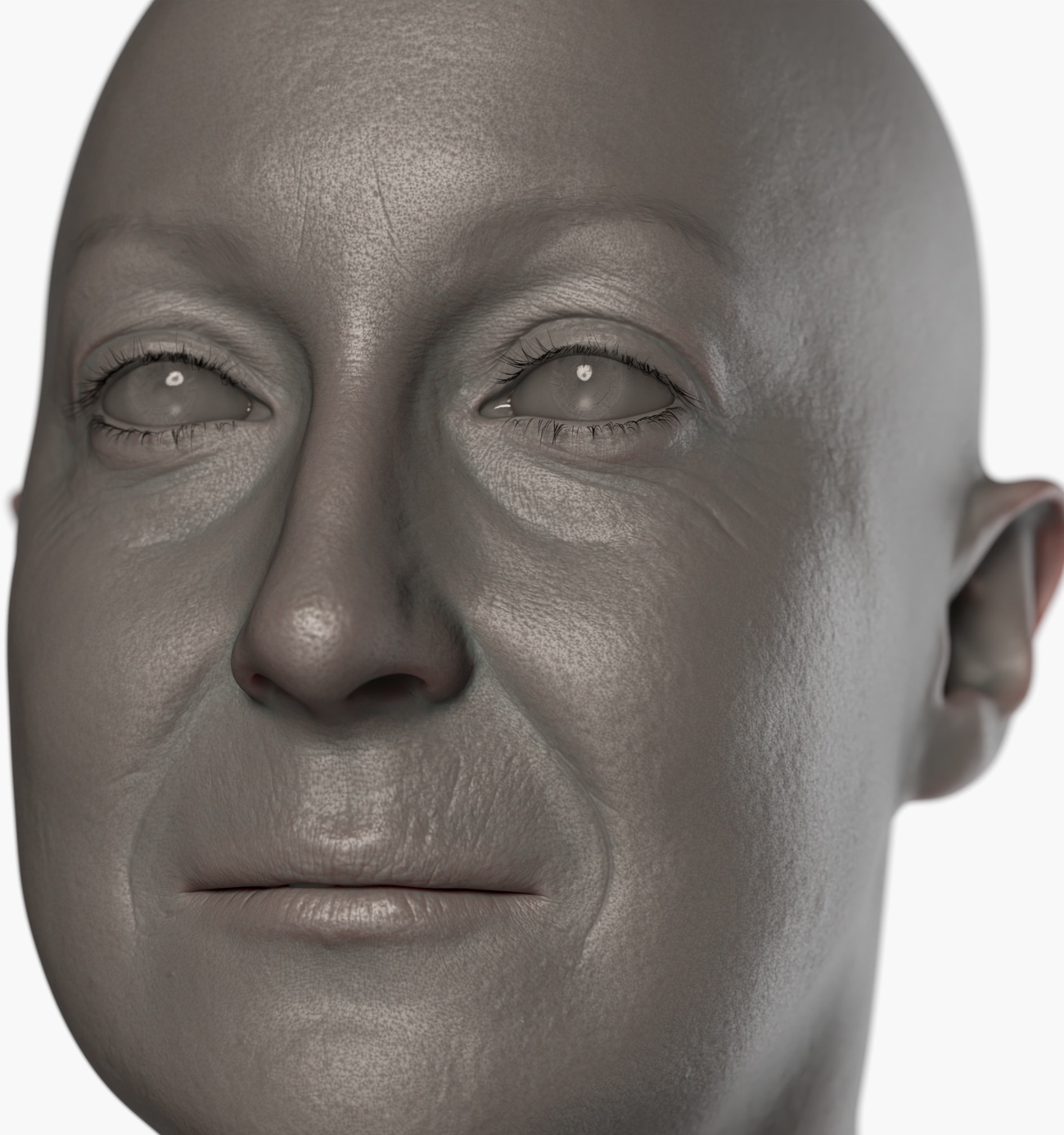 Clay render of a fuller-figured female head 3D scan showing skin pore and surface micro-detail captured via photogrammetry